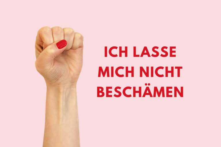 Frauenpower-Symbol mit der Botschaft "Ich lasse mich nicht beschämen".
