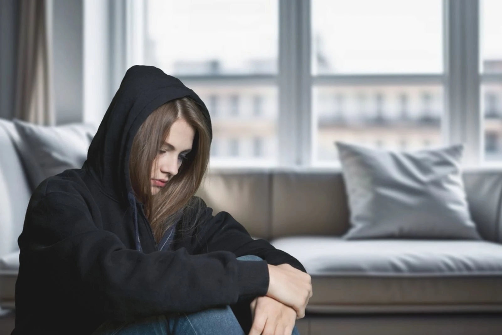 traurige Frau mit Kapuzenpullover