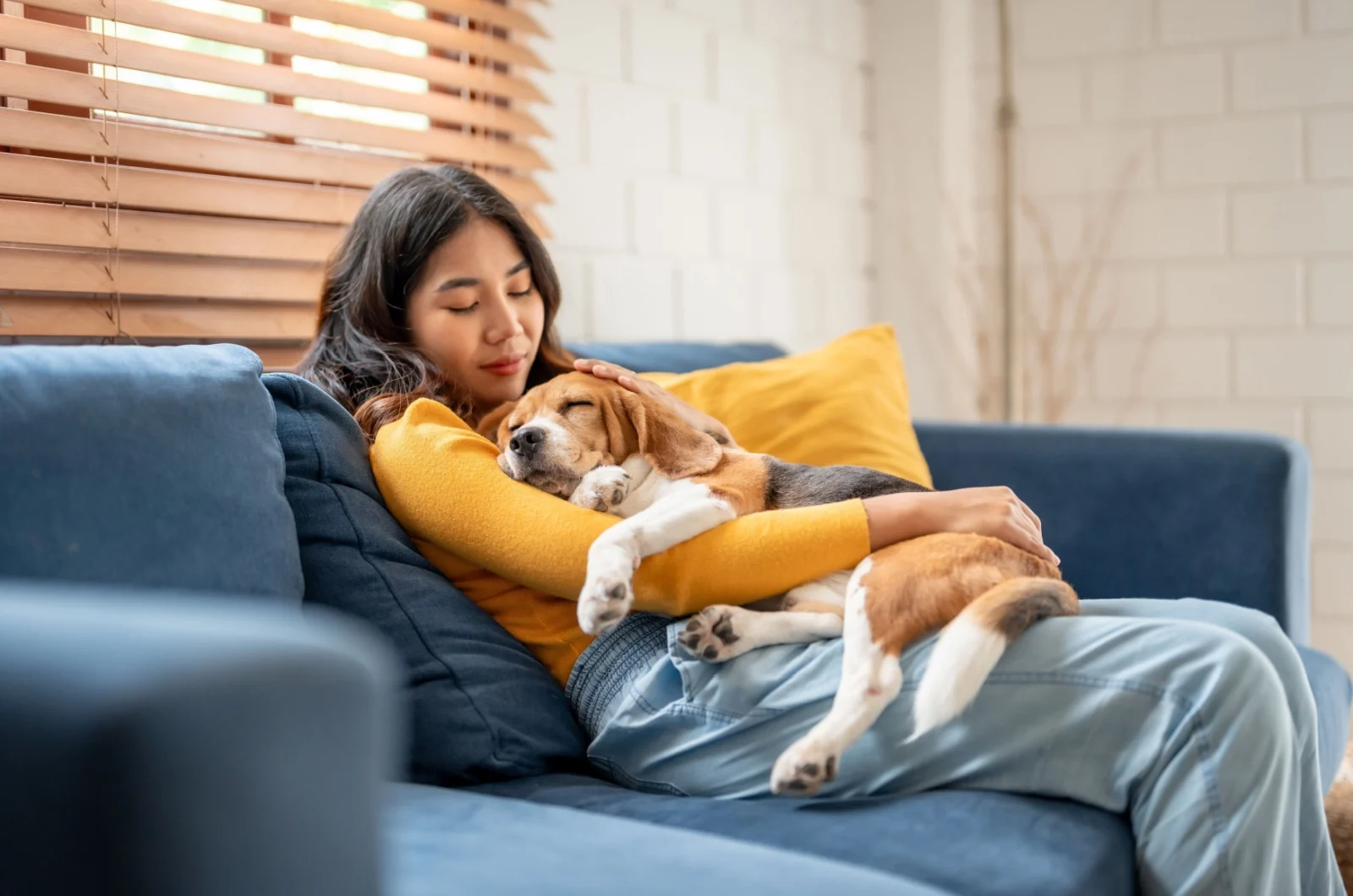 Frau und Hund im Haus