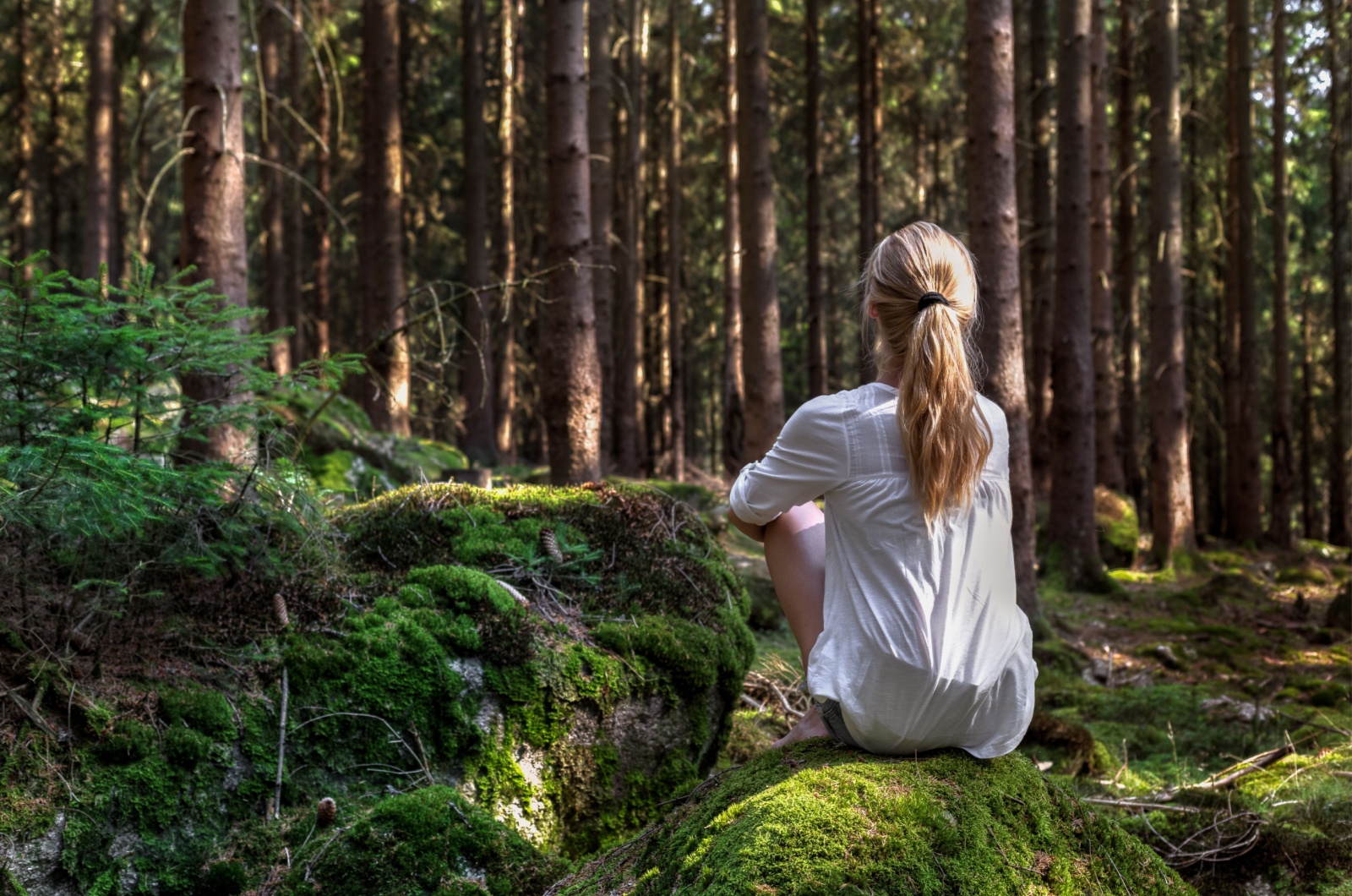 Frau denkt im Wald
