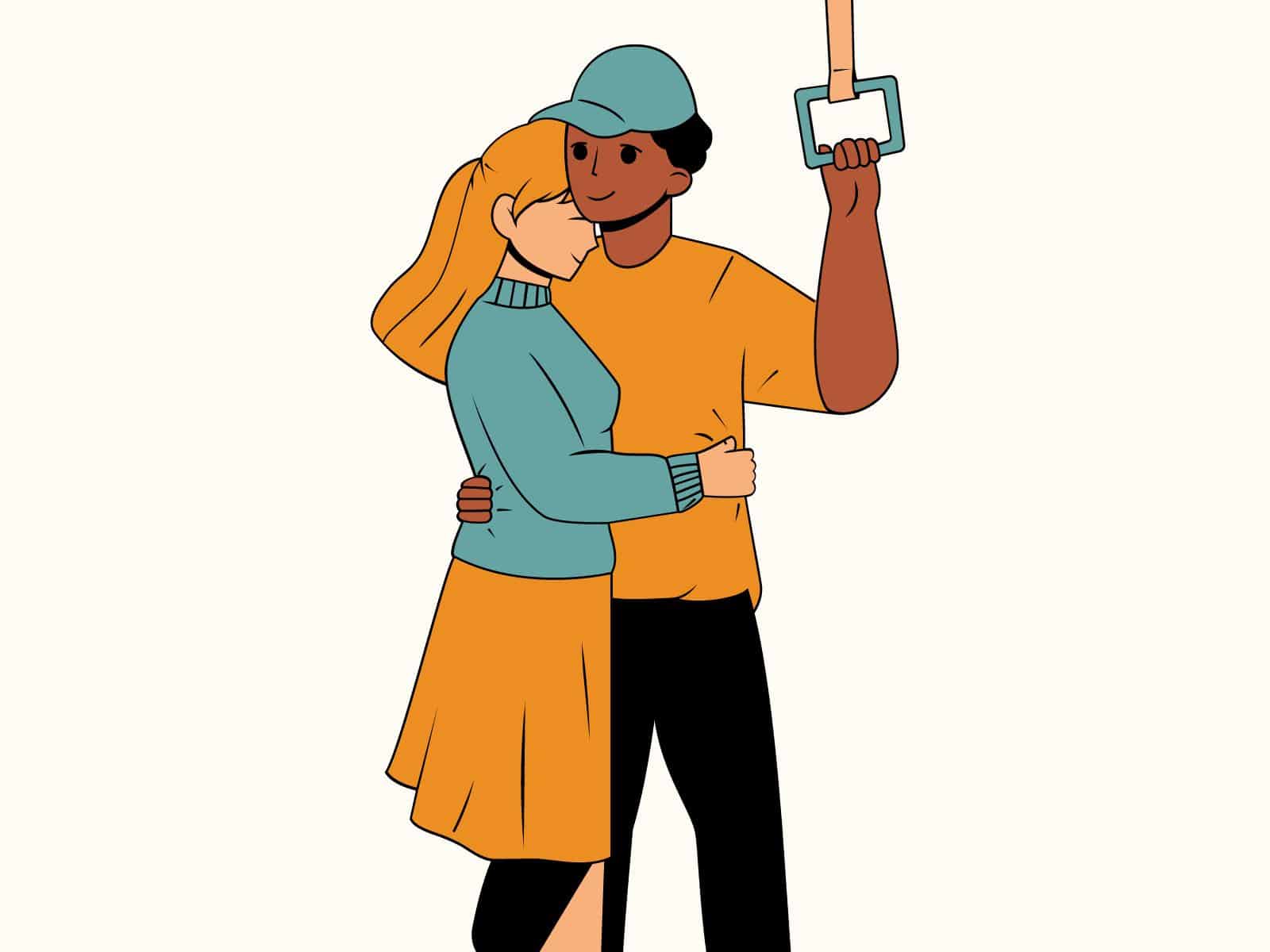 Illustration eines Mannes, der seine Freundin umarmt und sie beschützt