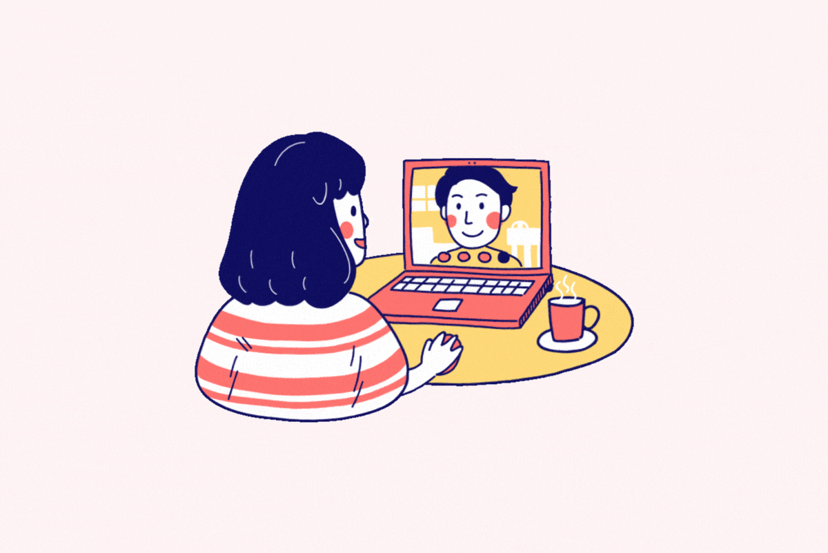 Animation eines Paares, das sich per Videoanruf unterhält