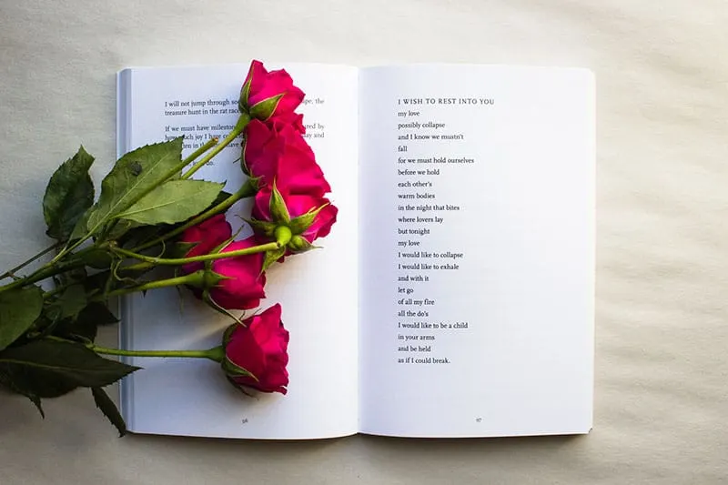 Rosen und Dichter Buch auf dem Tisch