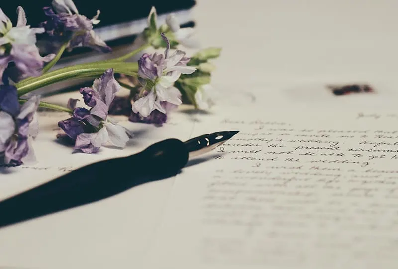 ein Liebesbrief in der Nähe des Stiftes und lila Blumen