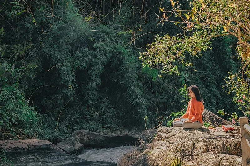 eine Frau, die auf dem Stein sitzt und in der Natur meditiert