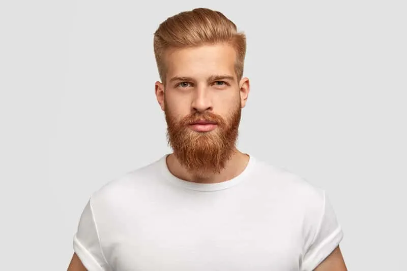 ernster Mann mit rotem Bart posiert