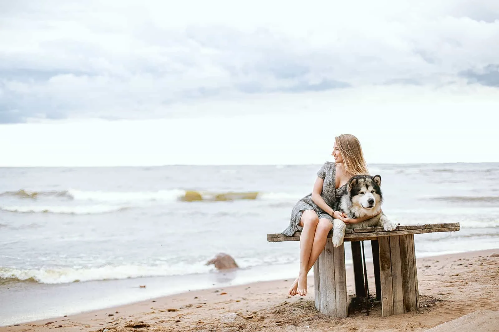 eine Frau, die mit einem Hund auf dem Holztisch am Strand sitzt