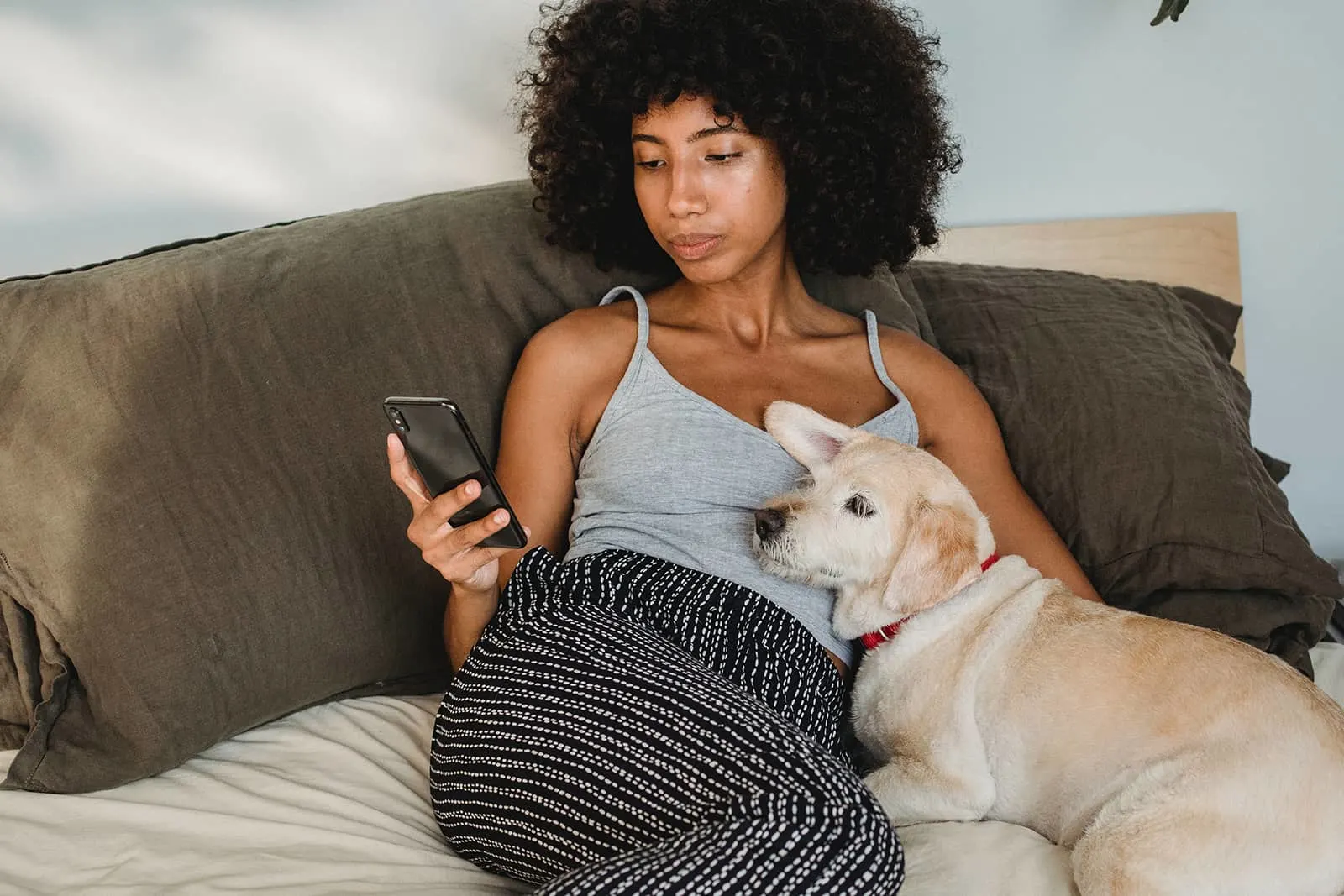 eine Frau, die ihr Smartphone überprüft, während sie mit einem Hund auf der Couch sitzt