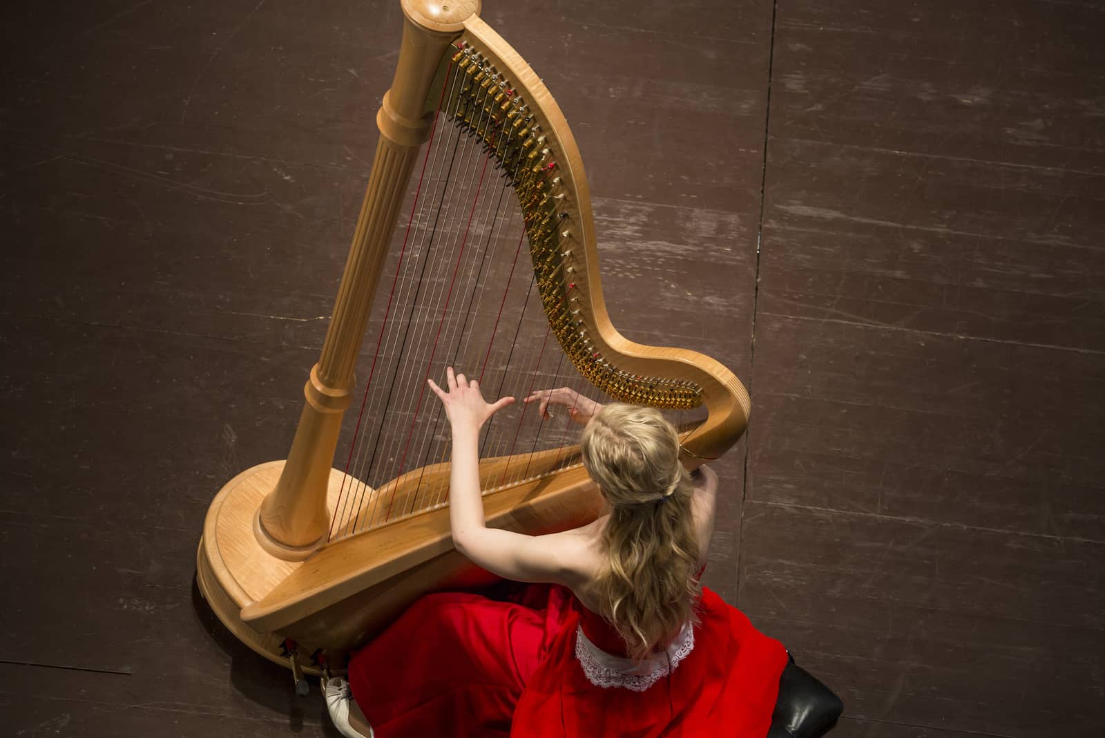 Frau, die eine Harfe spielt