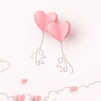 Valentines hearts balloons with people flying on pink background