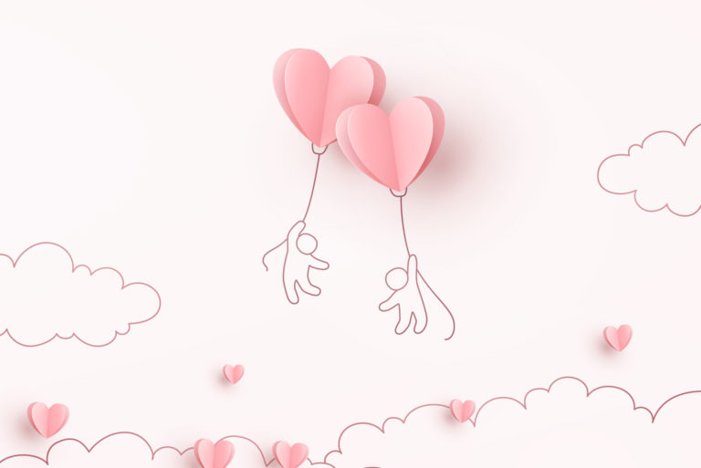 Valentines hearts balloons with people flying on pink background