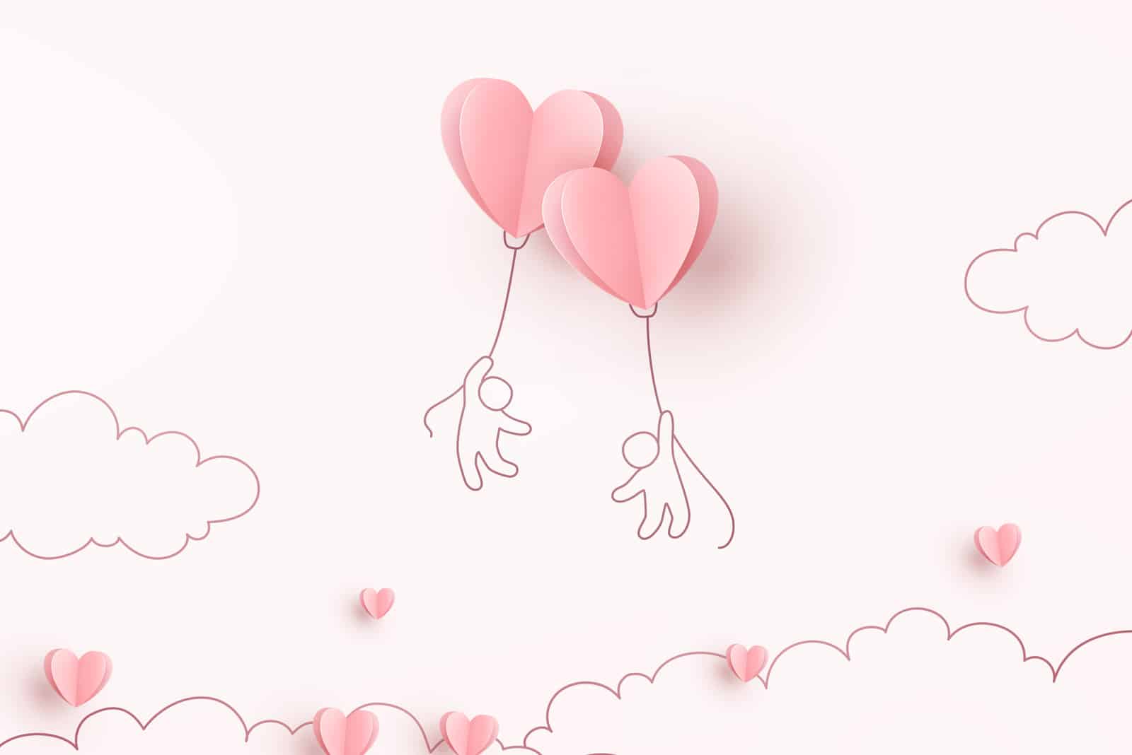 Valentines hearts balloons with people flying on pink background