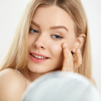 Eine schöne Frau mit langen blonden Haaren berührt ihr linkes Auge