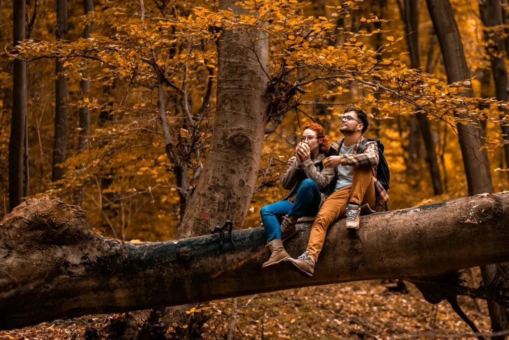 Ein Mann und eine Frau sitzen auf einem Baum im Wald und trinken Kaffee