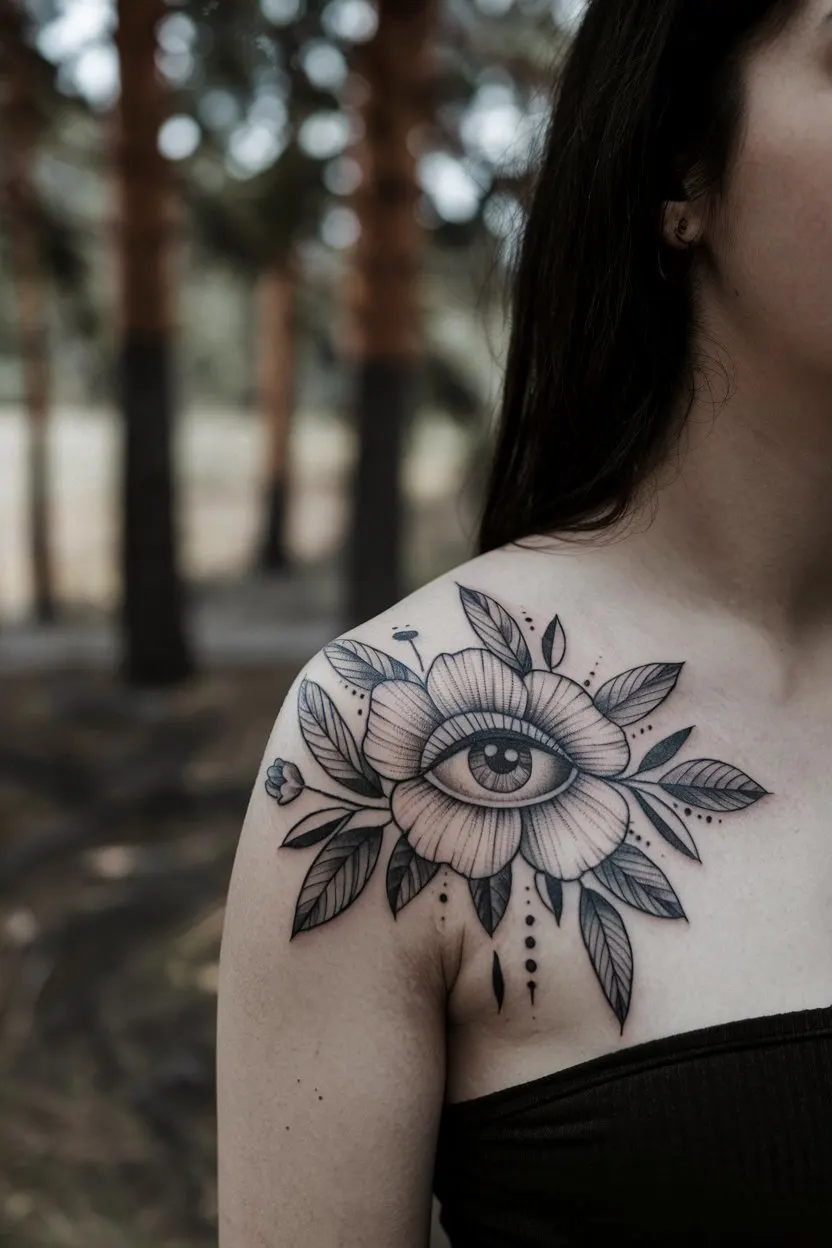 Auge, Blume und Blaetter Blackwork Tattoo