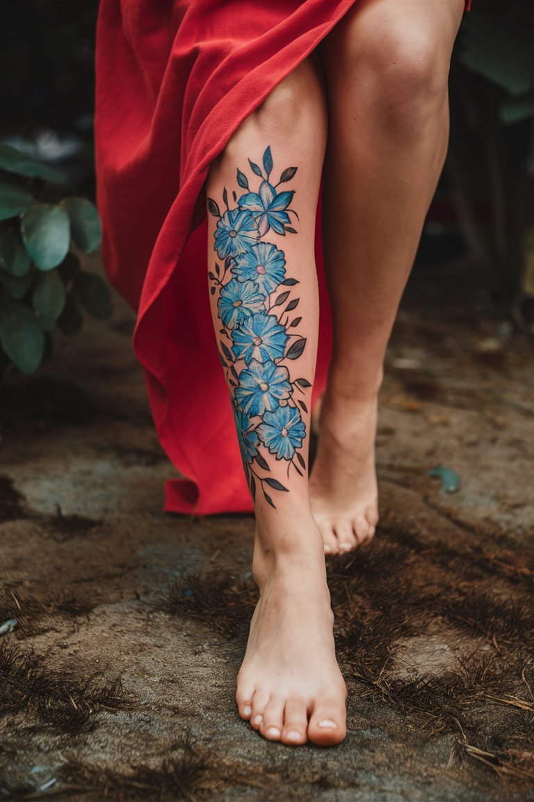 Blaue Blumen Bein Tattoo