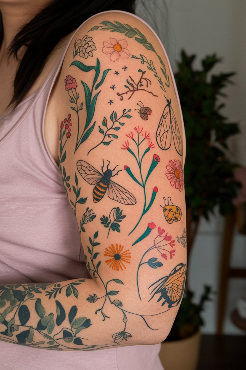 Botanisches Patchwork-Aermel-Tattoo