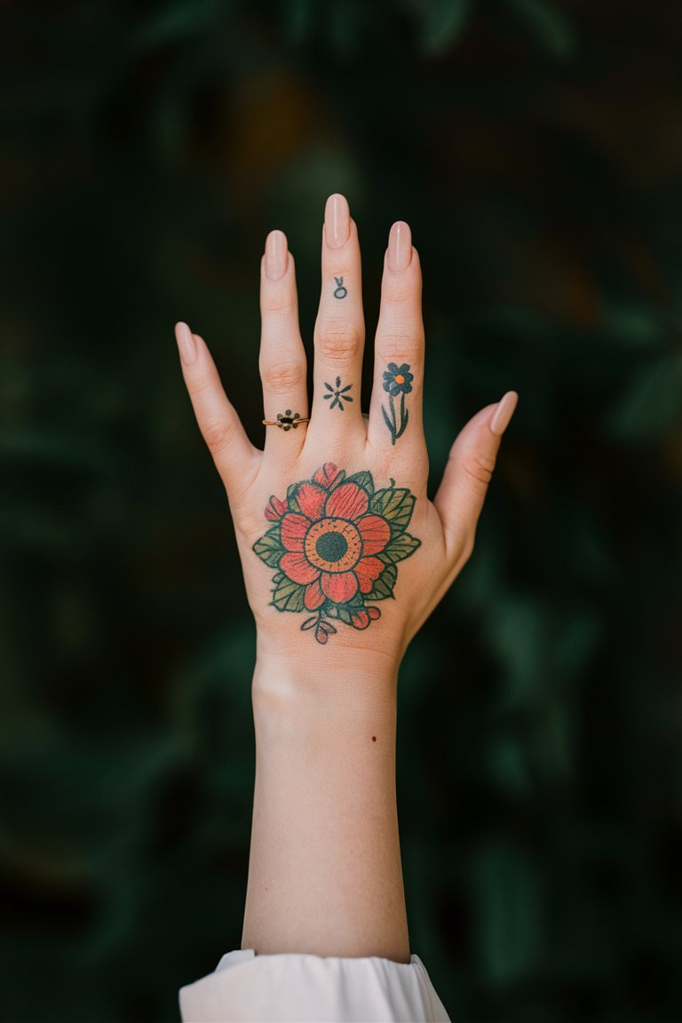 Bunte Blume Hand Tattoo