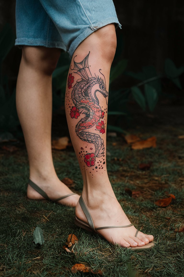 Drache mit roten Blumen Bein Tattoo