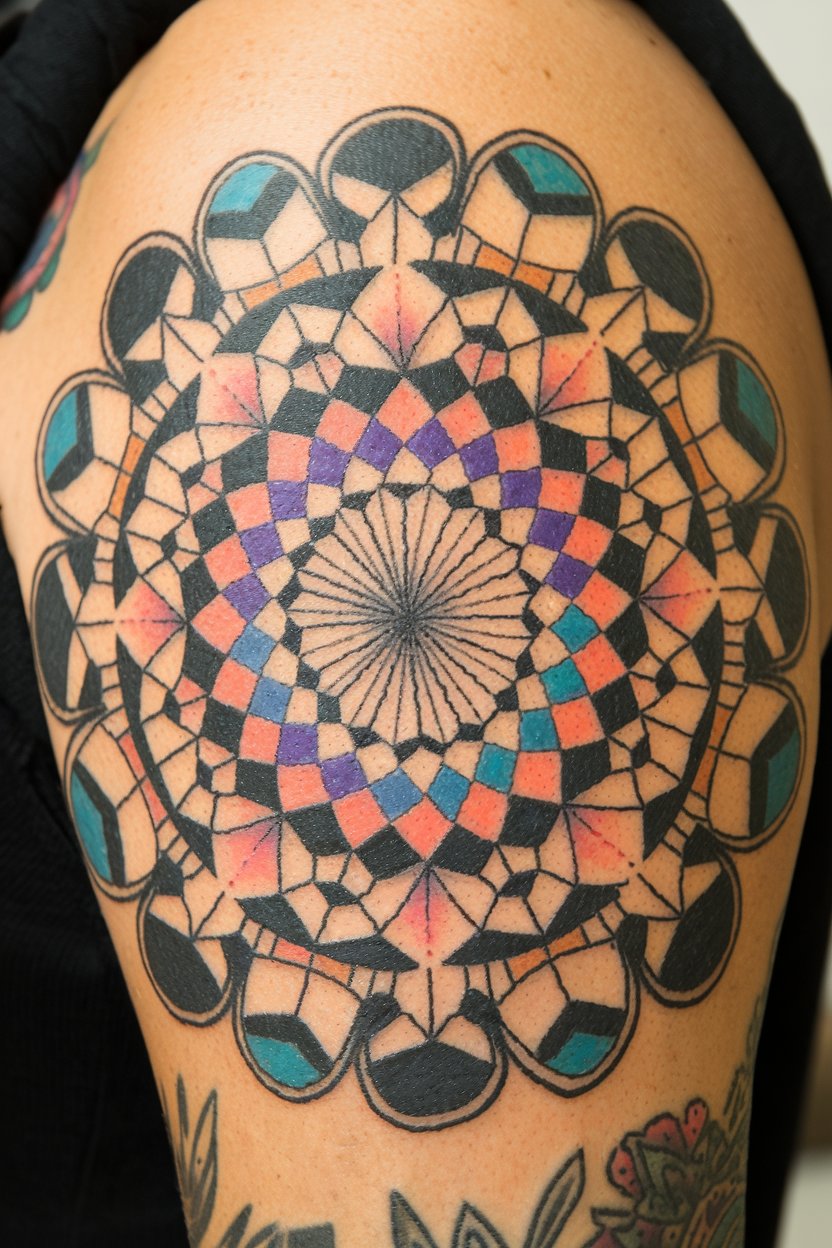 Farbenfrohes Mandala Patchwork Aermel-Tattoo