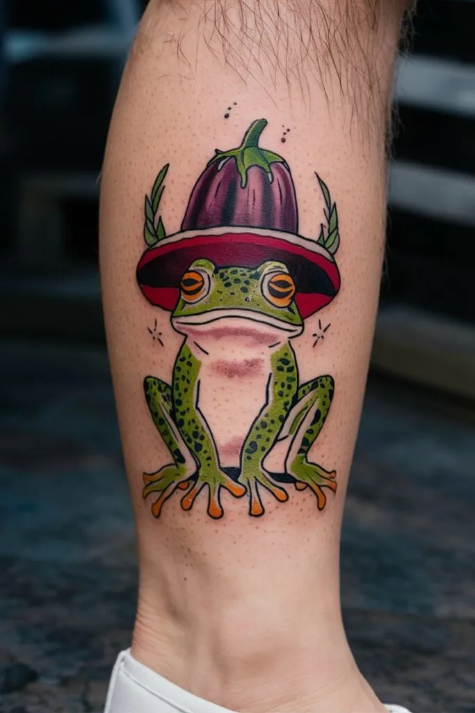 Frosch mit Auberginenhut Beintattoo