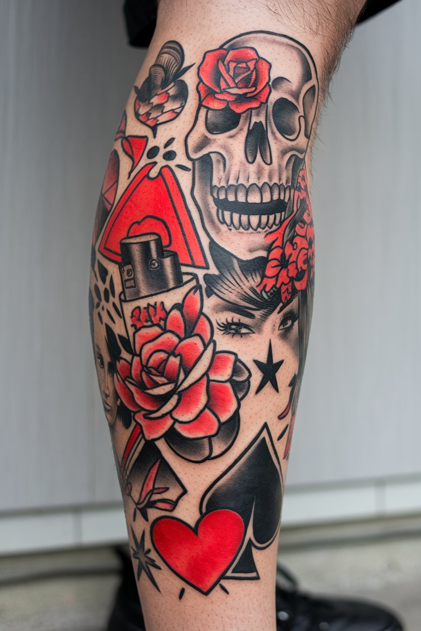 Funky rot-schwarzes Patchwork Bein-Tattoo