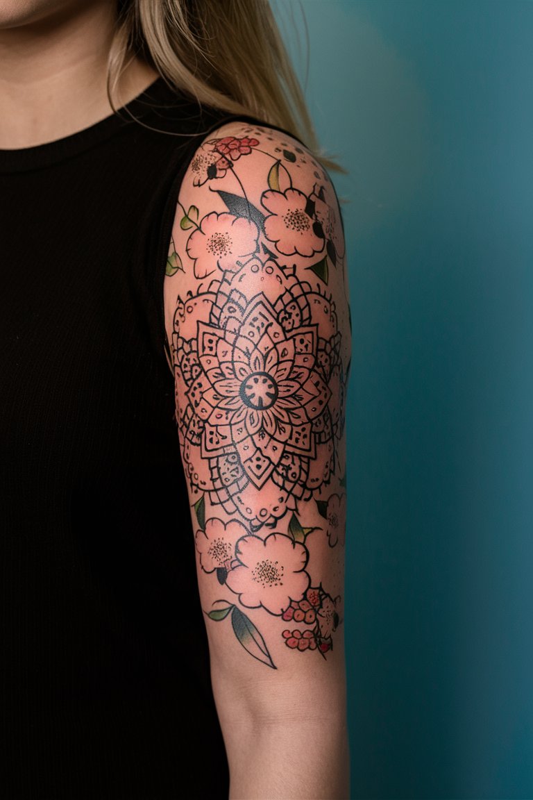 Mandala Kirschblueten Aermel Tattoo