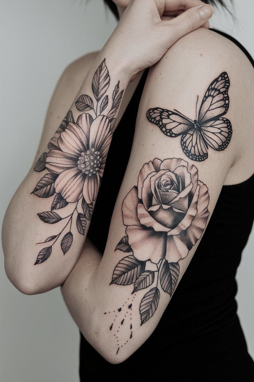 Patchwork-Aermel-Tattoo mit Blumen und Schmetterlingen