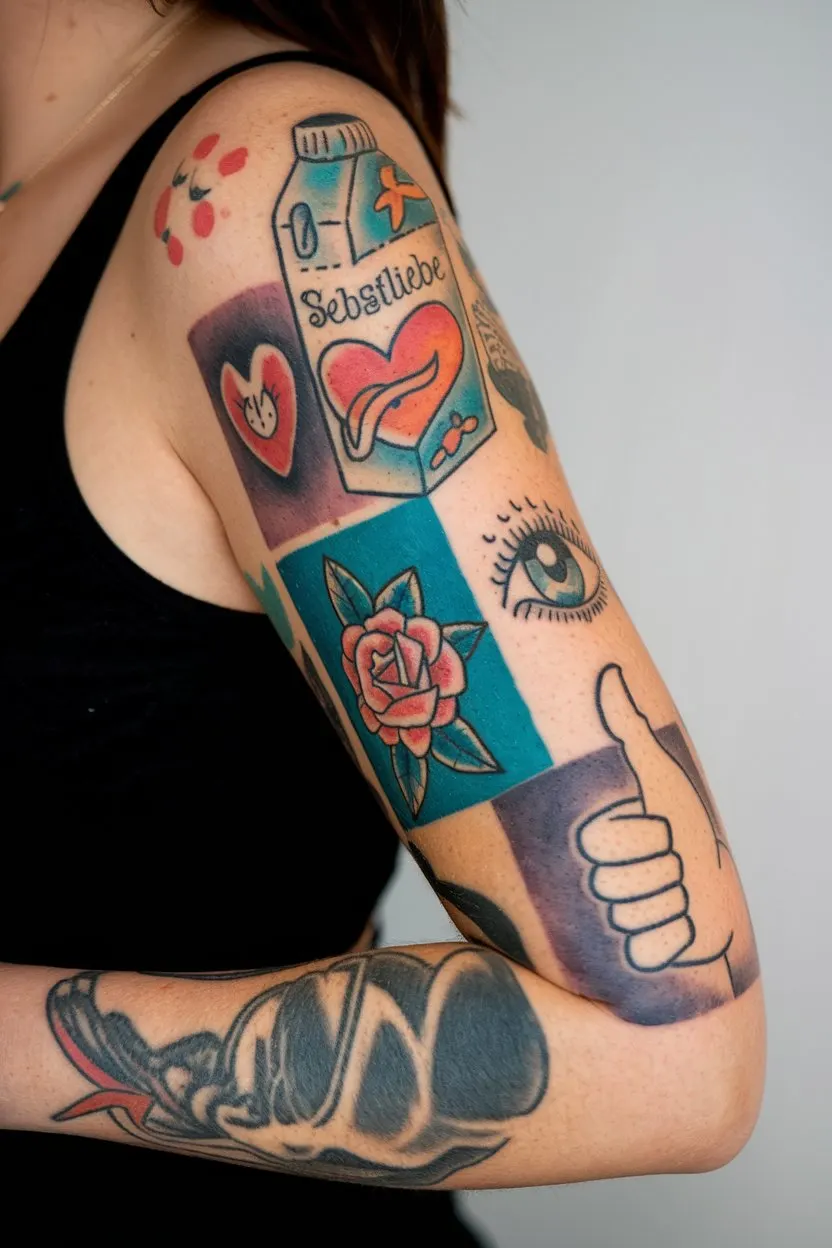 Selbstliebe und Positivitaet Patchwork Aermel-Tattoo