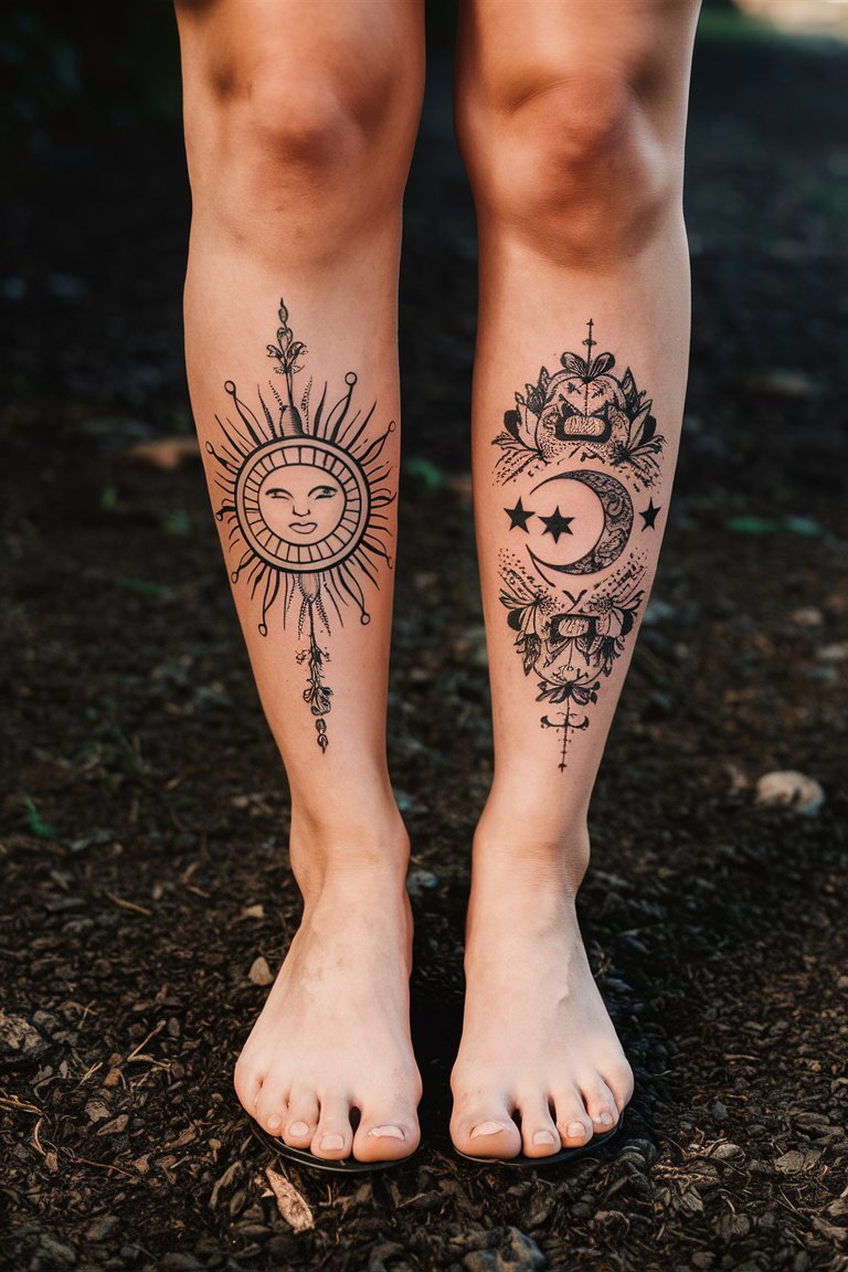 Sonne und Mond ornamentales florales Bein Tattoos