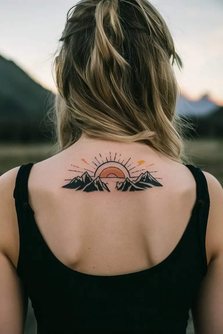 Sonnenaufgang oder Sonnenuntergang Berge Tattoo  