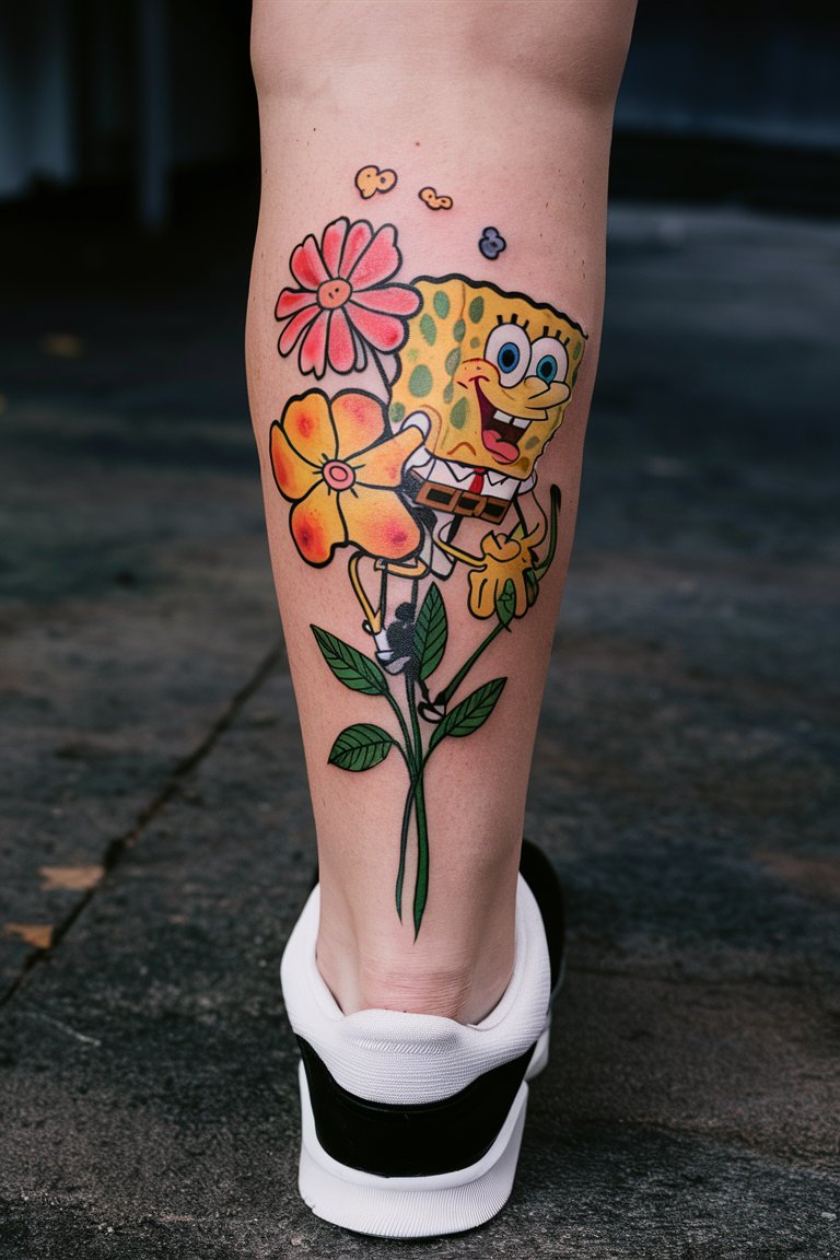 SpongeBob und Blumen Bein Tattoo