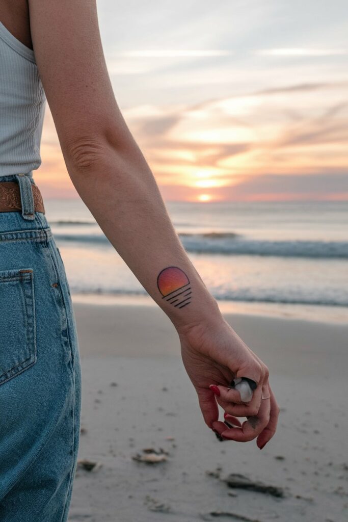 Strand und Sonnenuntergang Handgelenk Tattoo Idee fuer Frauen