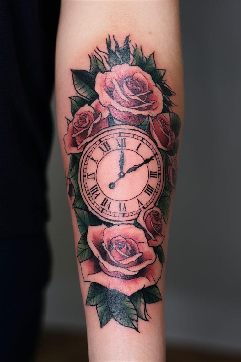 Uhr und Rosen Tattoo