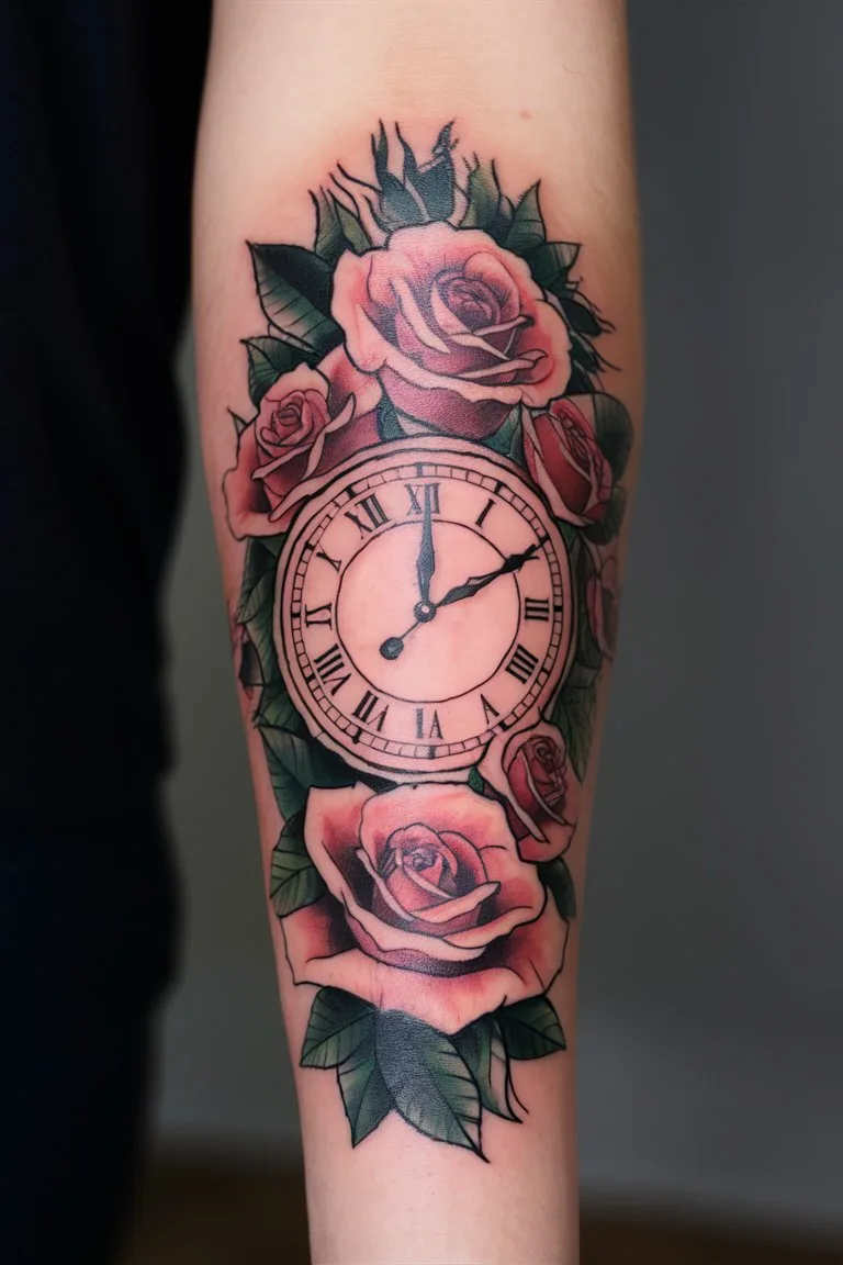 Uhr und Rosen Tattoo