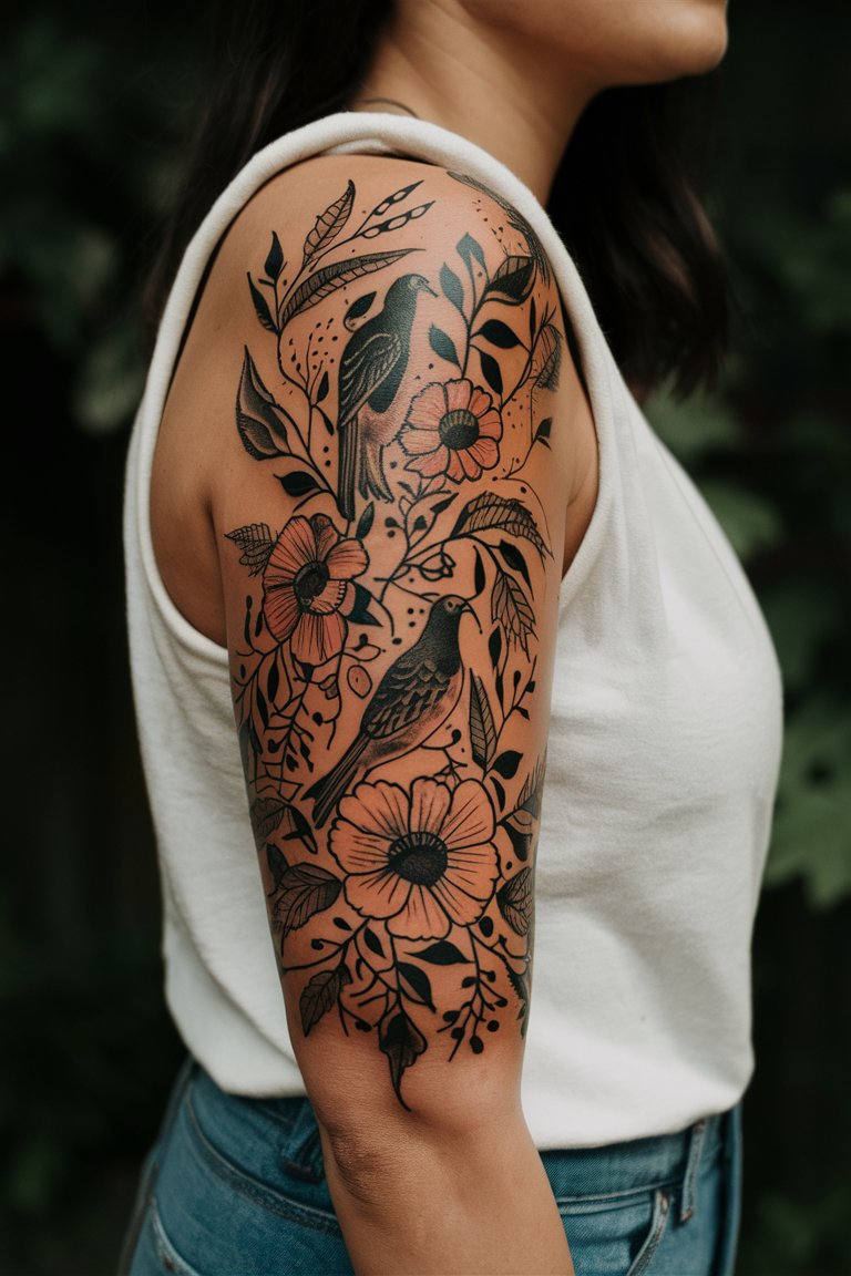 Voegel und Blumen Blackwork Halbarm Tattoo