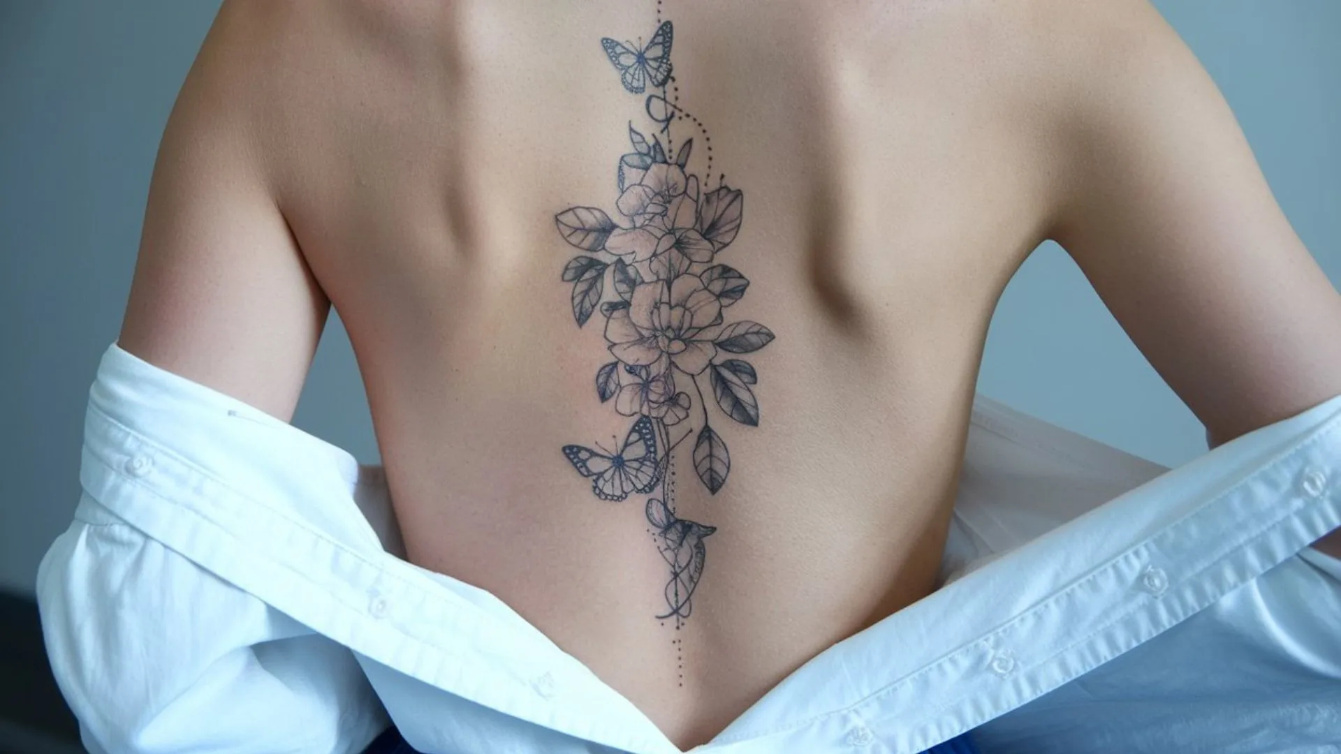 Rueckseite mit floralem Tattoo und feinen Linien
