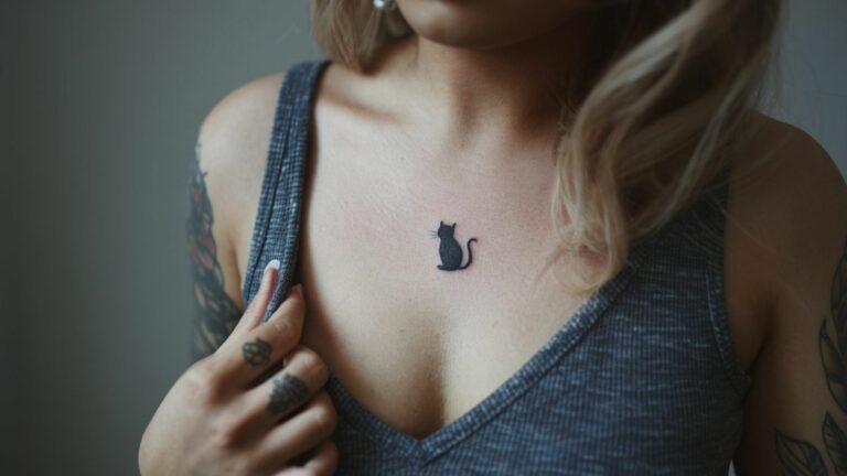 kleines Katzentattoo auf der Brust