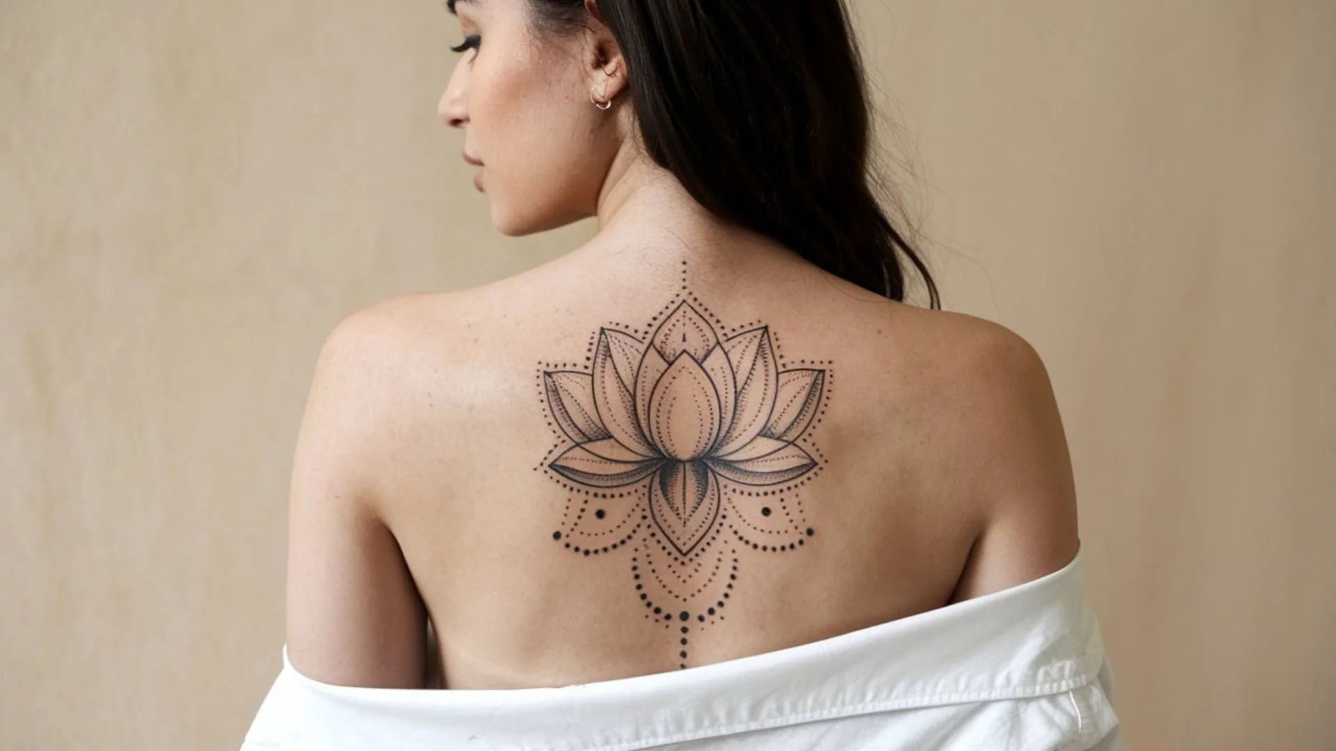 Lotus Tattoo auf dem Ruecken einer Frau