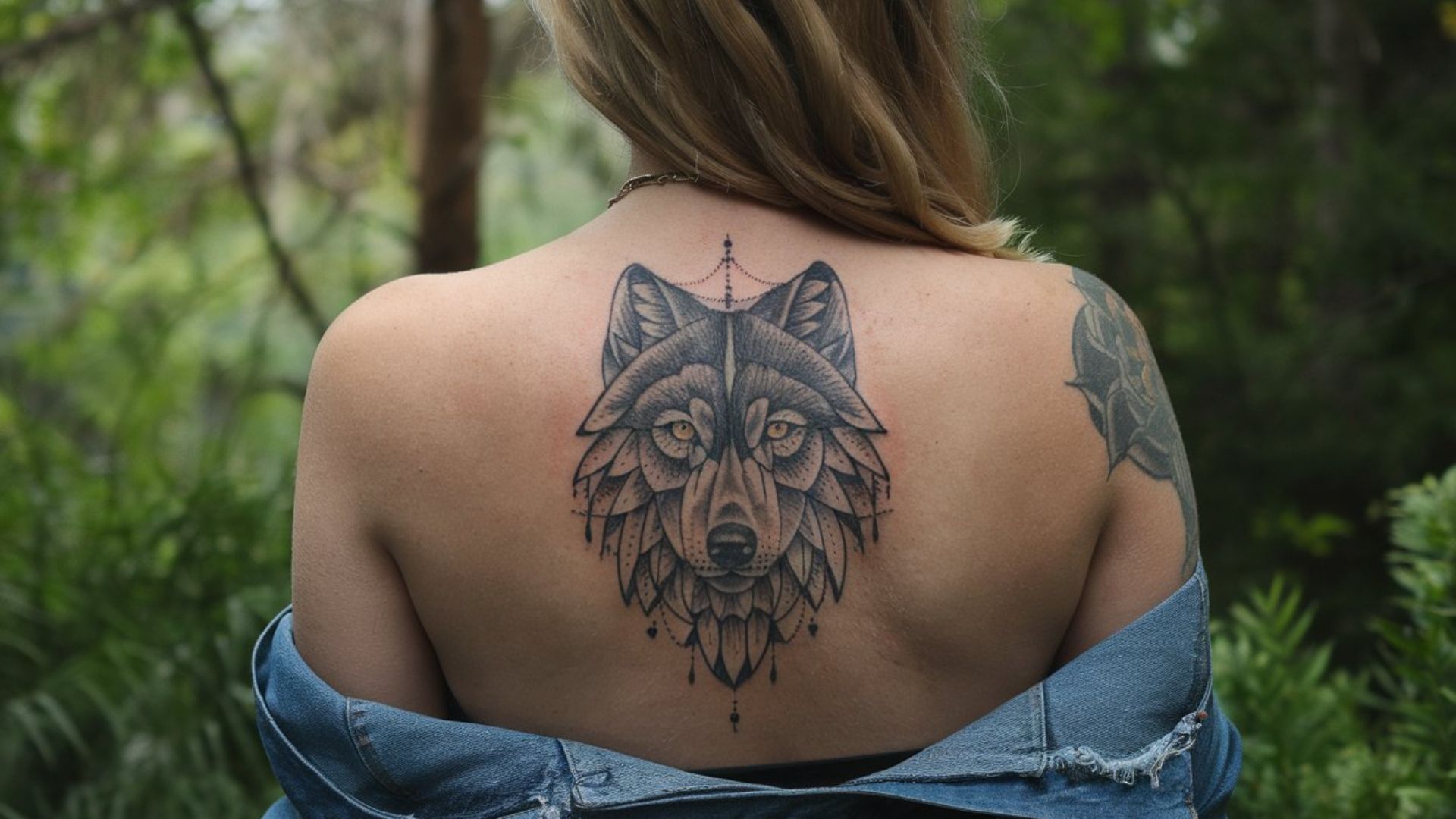 Wolf-Tattoo auf dem Ruecken einer Frau