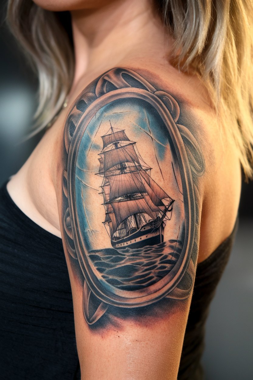 Antiker Spiegel und Schiff Tattoo