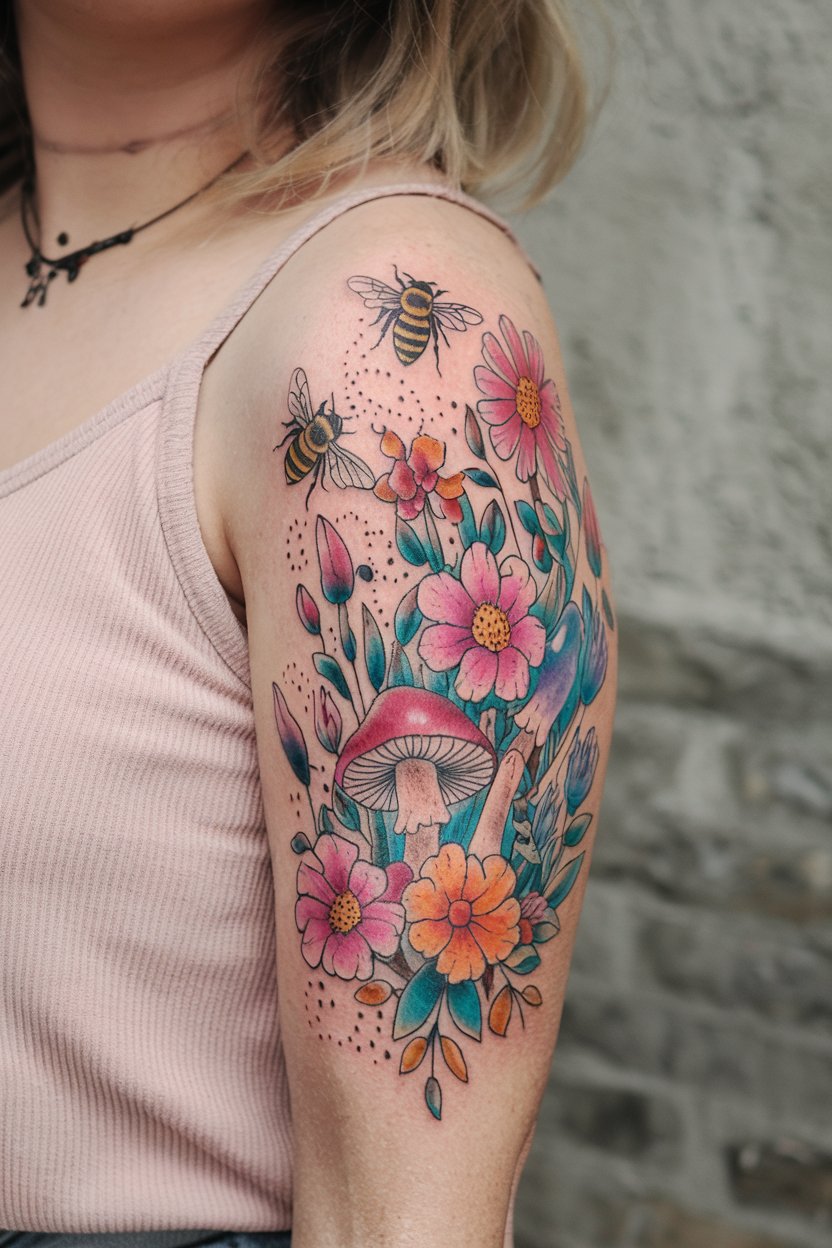 Bienen, Blumen und Pilze Tattoo