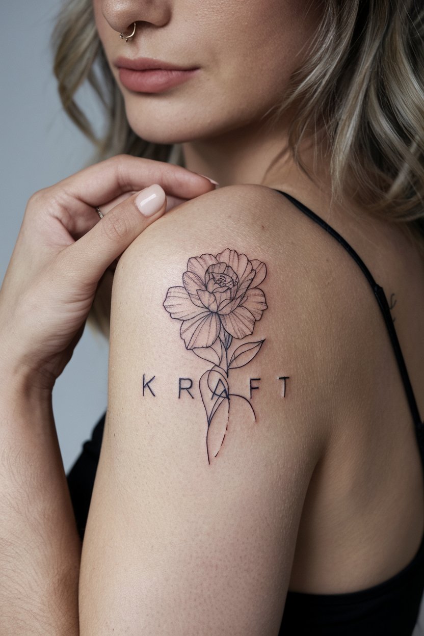 Blume in Kombination mit dem Wort Kraft tattoo