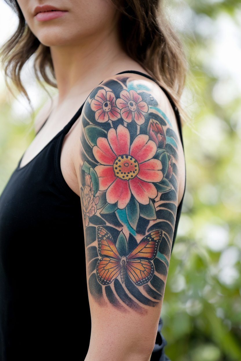 Blume und Schmetterling Arm-Tattoo