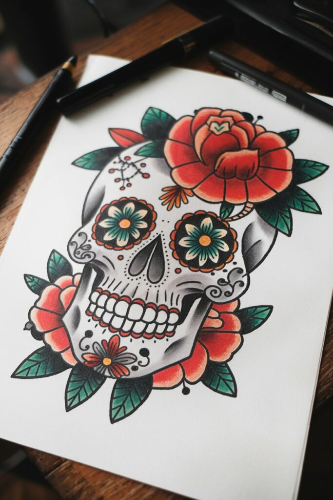 Blumen-Totenkopf-Tattoo