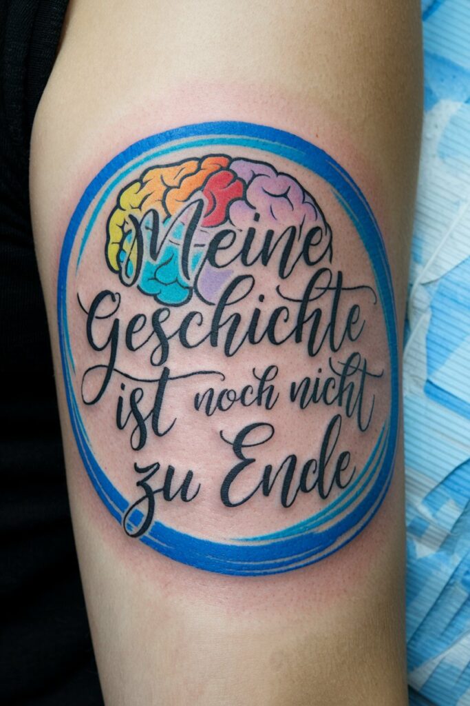 Buntes Tattoo zur psychischen Gesundheit mit Schrift