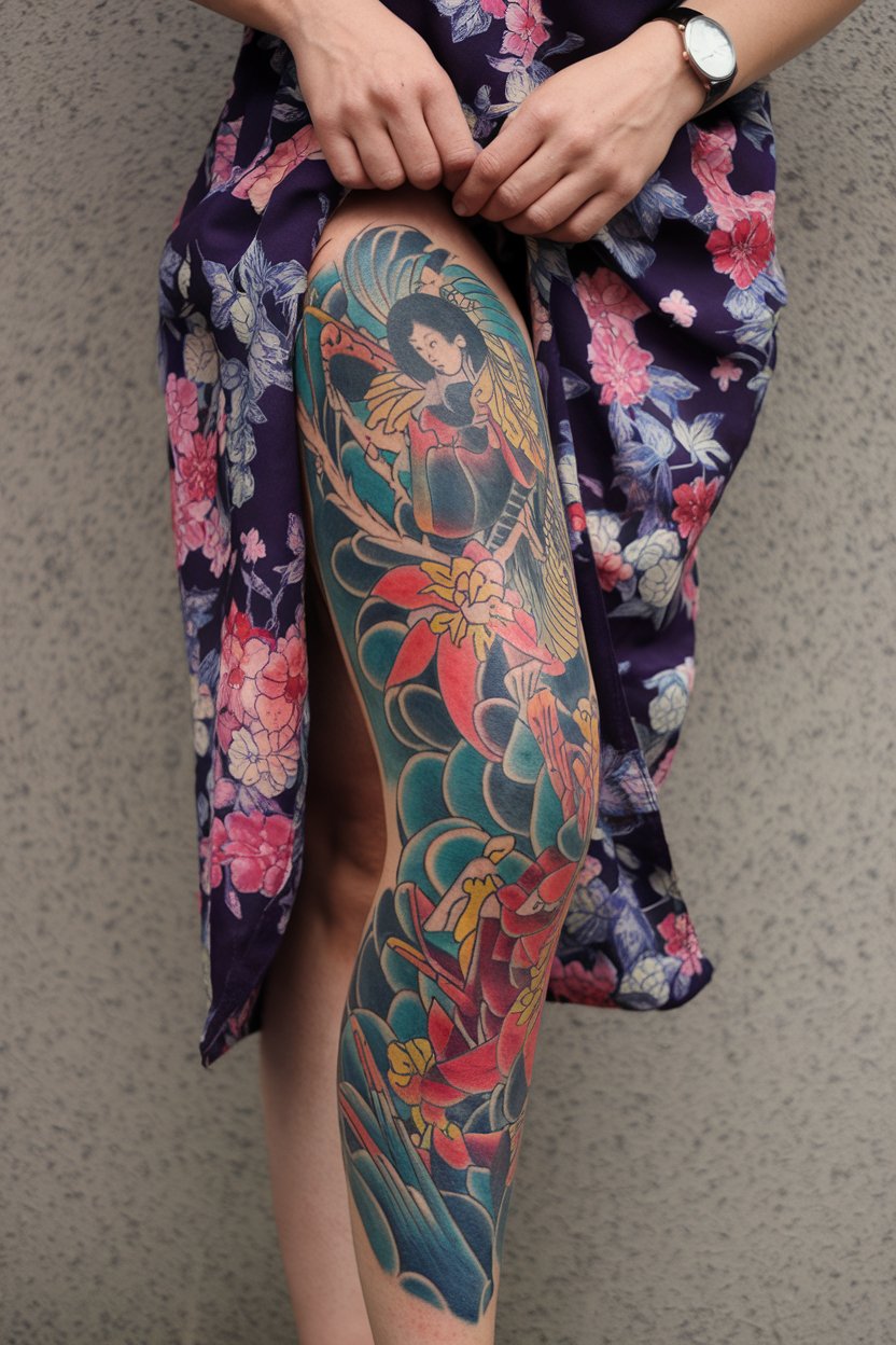 Buntes japanisches Beintattoo