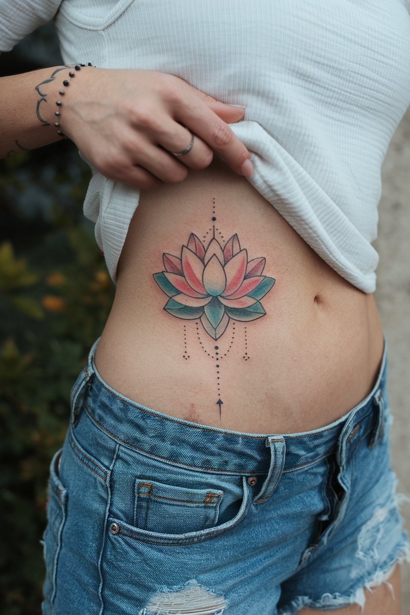 Buntes und einfaches Lotus Huefttattoo