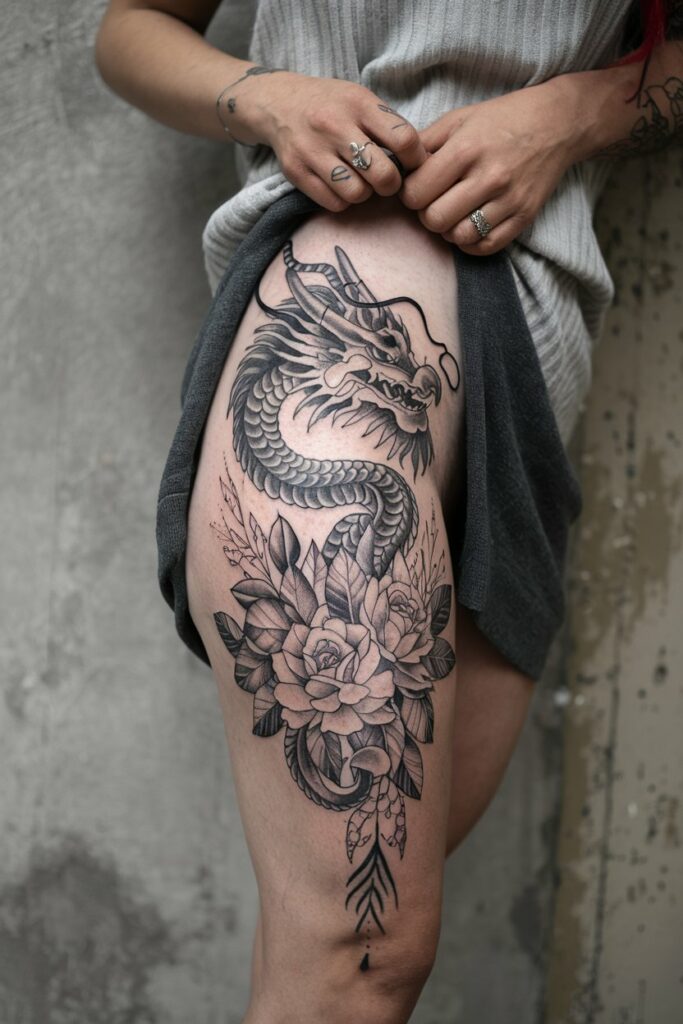 Drachen-Oberschenkel-Tatto