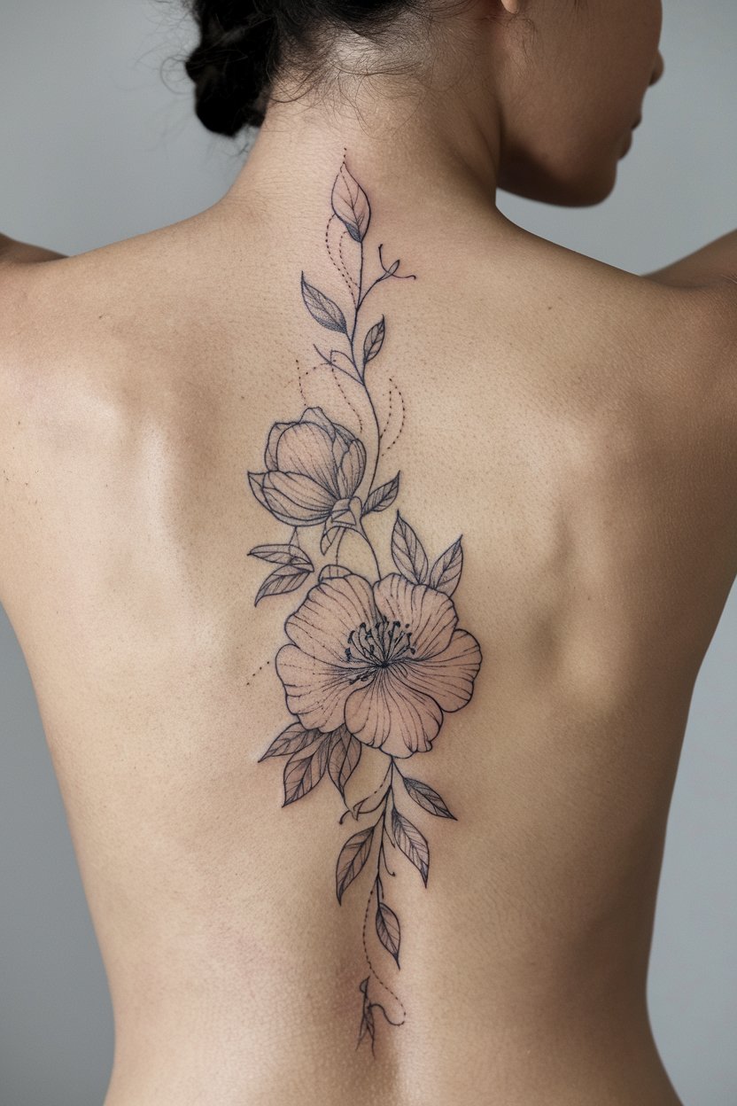 Elegantes florales Wirbelsaeulen Tattoo